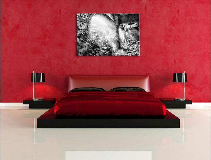Monocrome, Alte Ruine, Format: 100x70 auf Leinwand, XXL riesige Bilder fertig gerahmt mit Keilrahmen