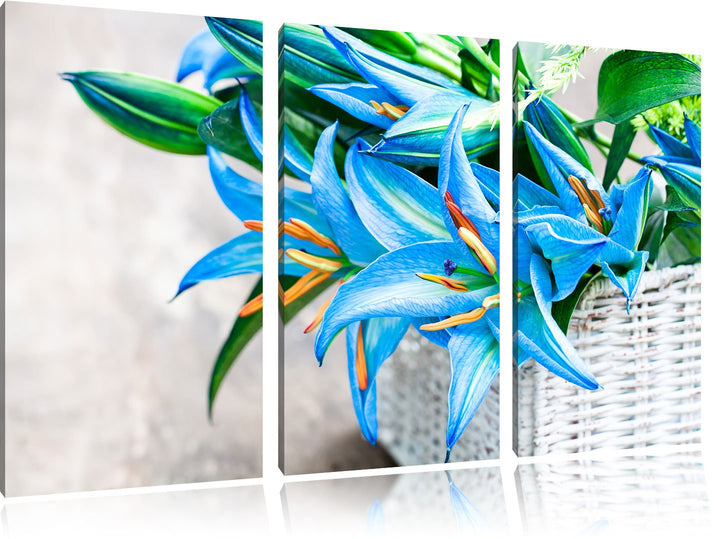 Pixxprint schöne Blaue Blumen im Körbchen / 3-Teilig/Gesamtmass 120cm Leinwandbild bespannt auf Holz