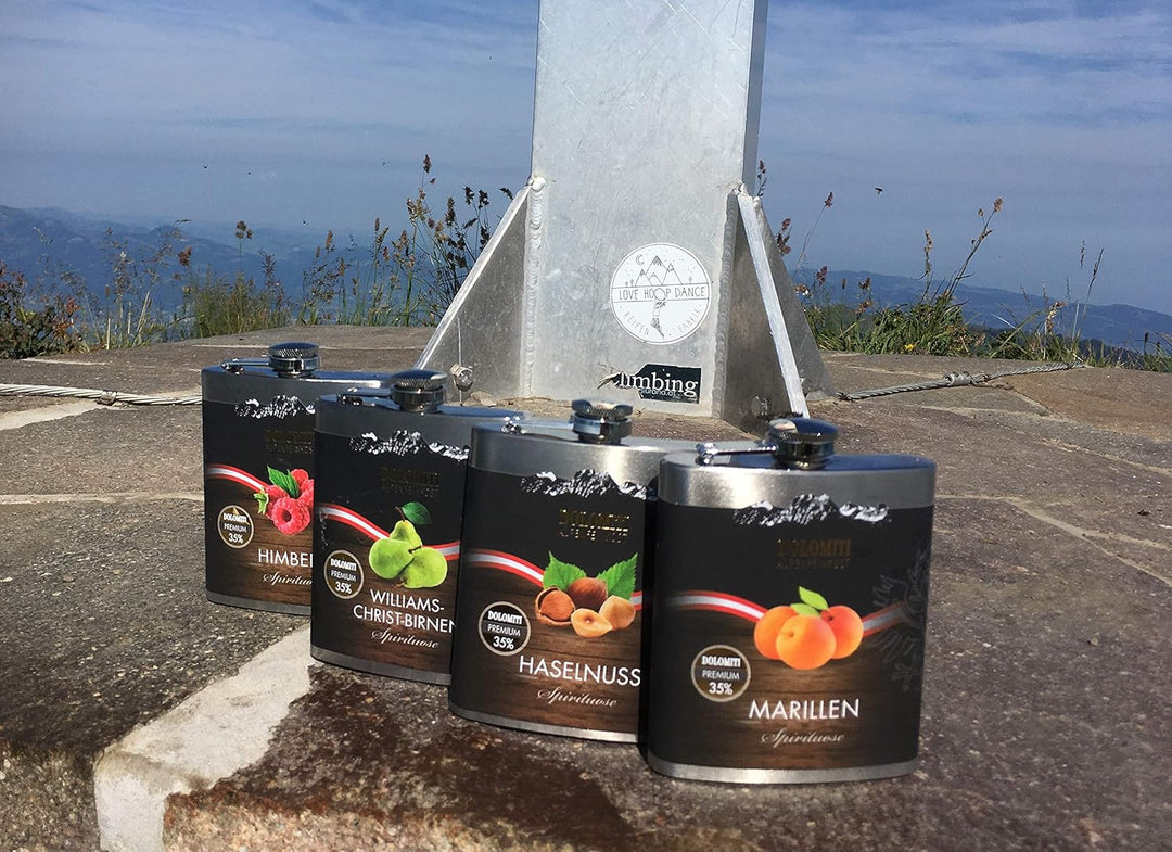 DOLOMITI Himbeer Schnaps Flachmann - Himbeer Premium Spirituose 35% vol. - robuster, edler Flachmann