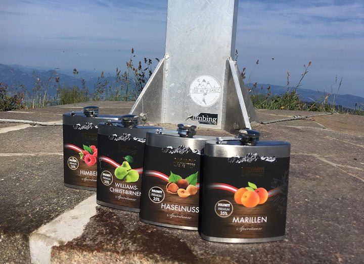 DOLOMITI Himbeer Schnaps Flachmann - Himbeer Premium Spirituose 35% vol. - robuster, edler Flachmann