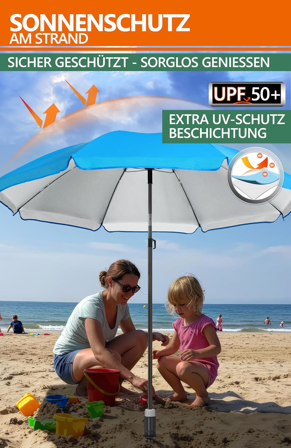 4smile Sonnenschirm Strand SunnyJoy 3-IN-1-SET, Fb. Blau - Strandschirm Ø 180 cm + Bodenhülse + Schu