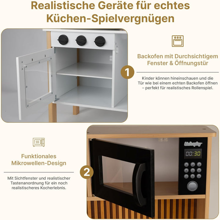 Kinderküche aus Holz mit Licht & Sound – Spielküche mit Zubehör, Herd, Backofen, Spüle, Mikrowelle –