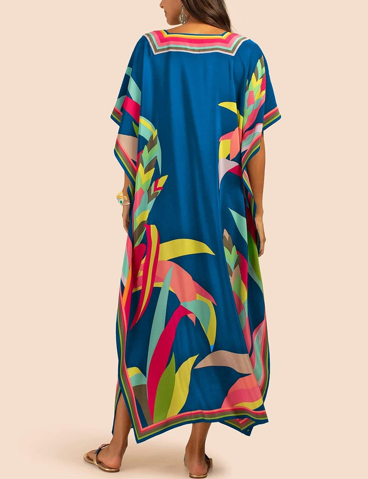 Bsubseach Damen Casual Beach Kaftan Kleid Kurzarm Loungewear Caftan Strandkleid B-blau, B-blau