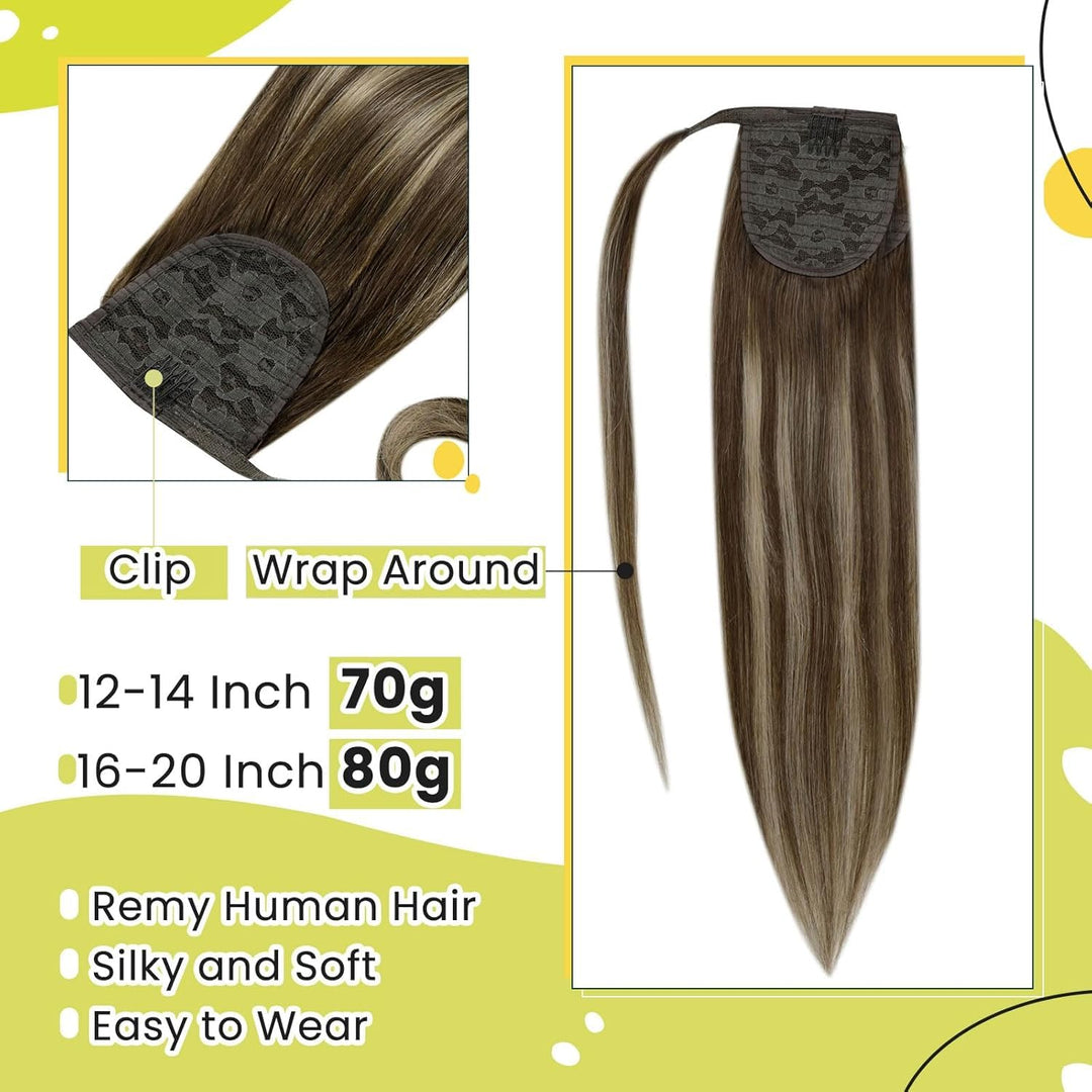 RUNATURE Extensions Echthaar Balayage Zopf Braun Blond 50cm 80g Lang Pferdeschwanz Ponytail Extensio