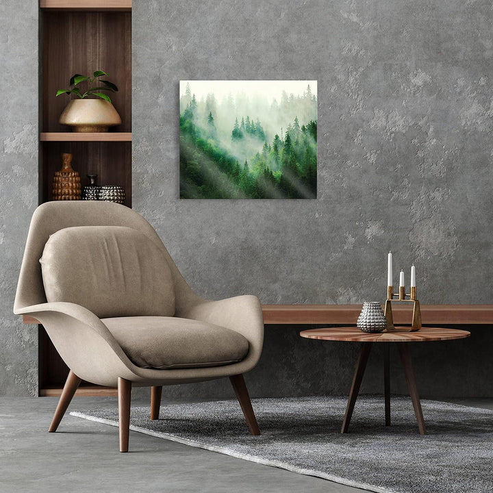 Glasbild Wald im Nebel Natur Landschaft 80x60 cm Modern Glasbilder Wohnzimmer Schlafzimmer Badezimme