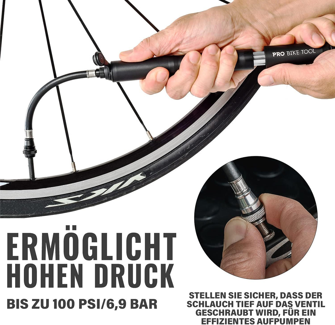 Pro Bike Tool Mini-Fahrradpumpe Classic-Edition, passend für Presta- und Schrader-Ventile, Hochdruck