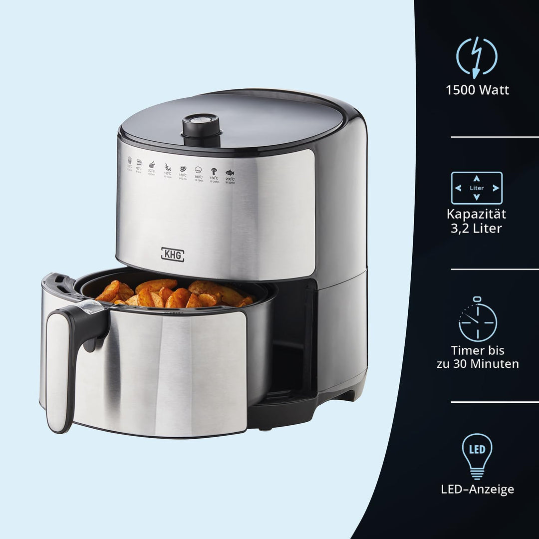KHG Heissluft-Fritteuse Airfryer HLF-3200 silber 3,2 Liter herausnehmbarer Frittierkorb 1500 Watt Ti