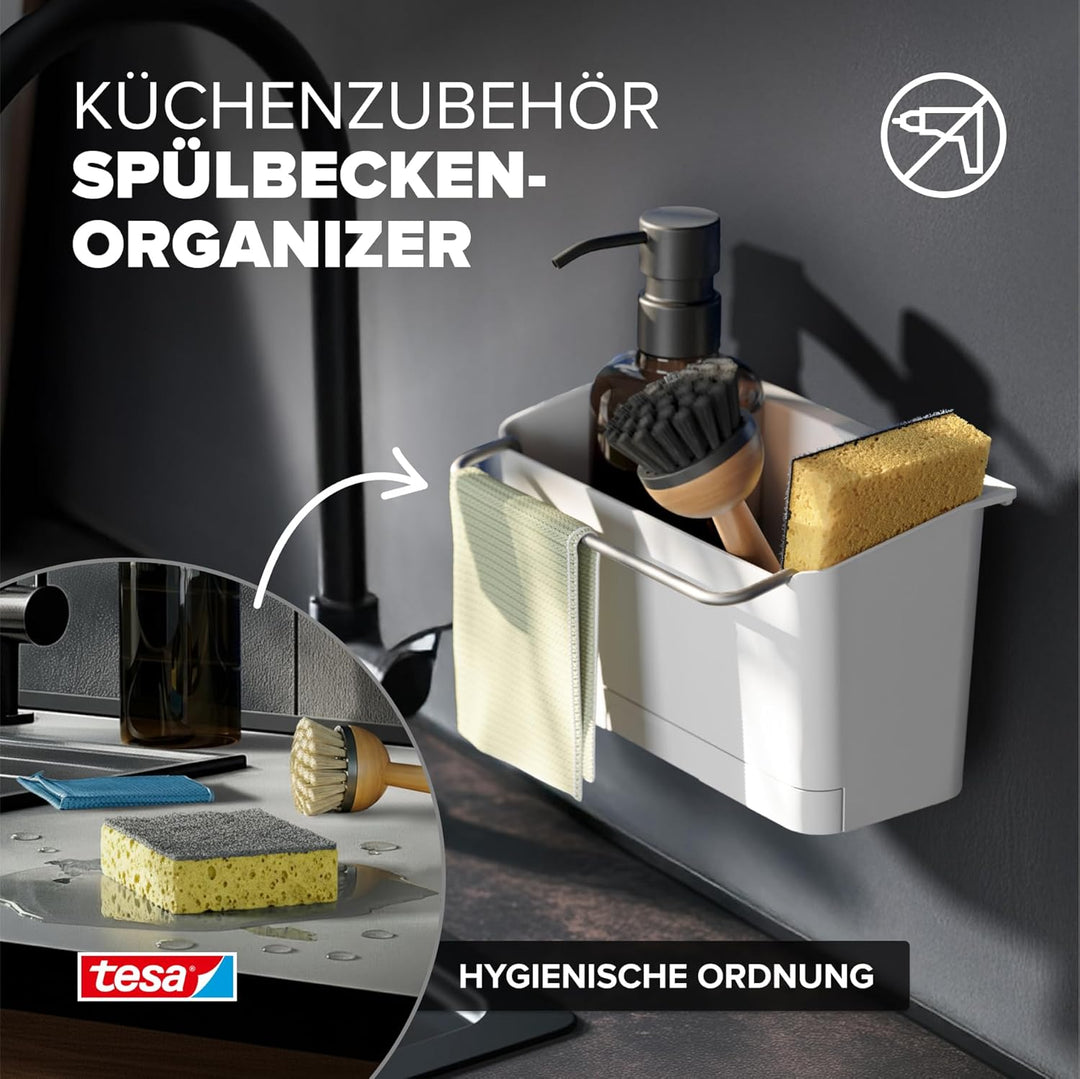 tesa Küchenzubehör Spülbecken-Organizer - selbstklebender, hängender Spülorganizer für Seife, Spülbü