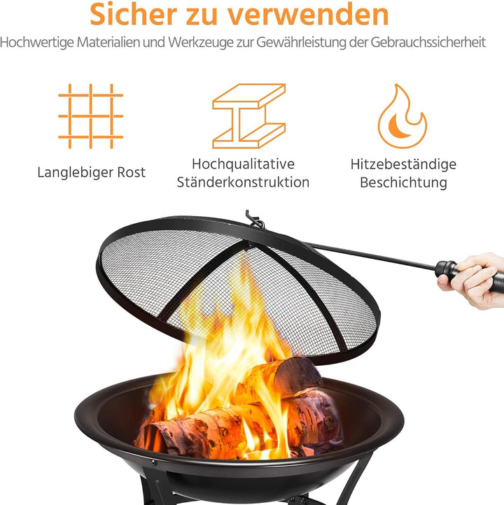 Yaheetech runde Feuerschale mit Abdeckung und Schürhaken, Feuerstelle Garten, Feuerkorb ideal für Ca