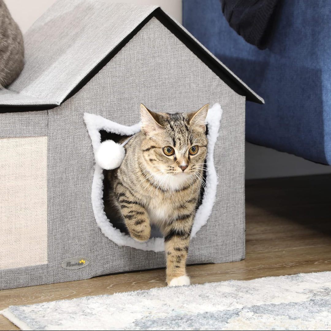PawHut Katzenhöhle Katzenbett mit waschbarem Kissen, Kratzmatte, Spielball, Doppeltüren, Katzenhaus