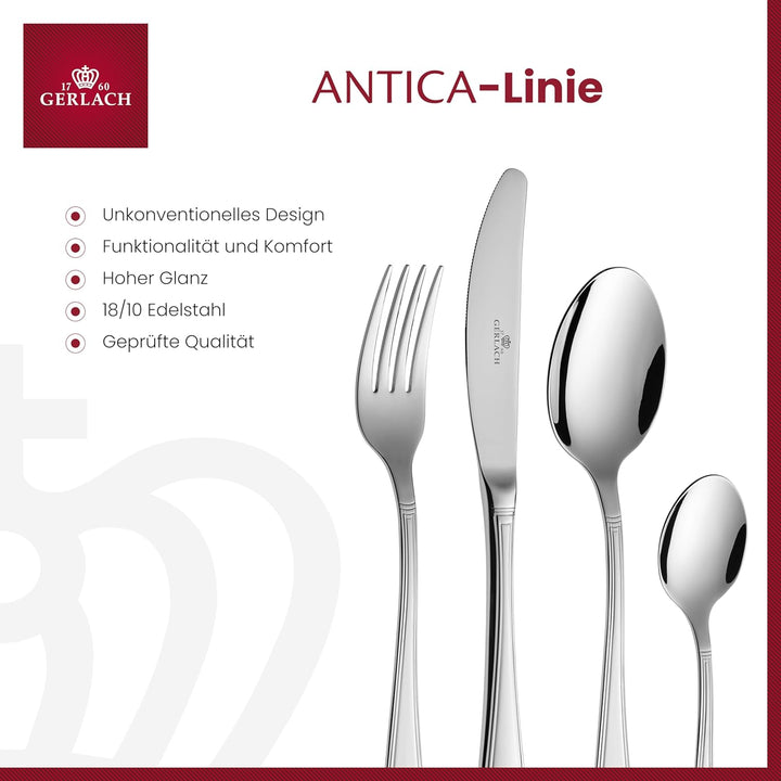 Gerlach Antica Besteck-Set 6 Personen Spülmaschinenfest Essbesteck Edelstahl Elegantes Besteck Messe