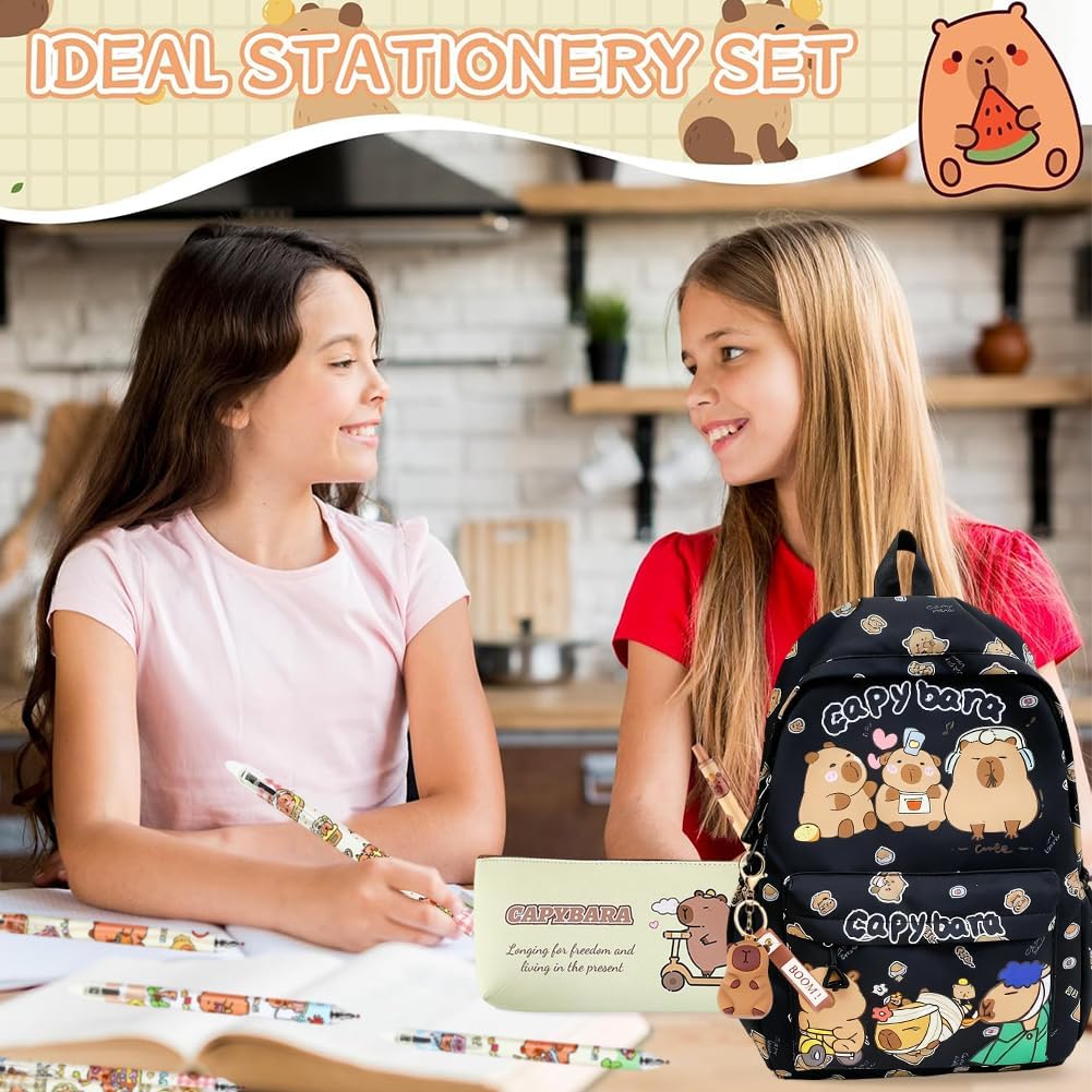 Capybara Rucksack Set - Schulrucksack Grosse Kapazität mit Capybara Federmäppchen, Stiften & Schlüss
