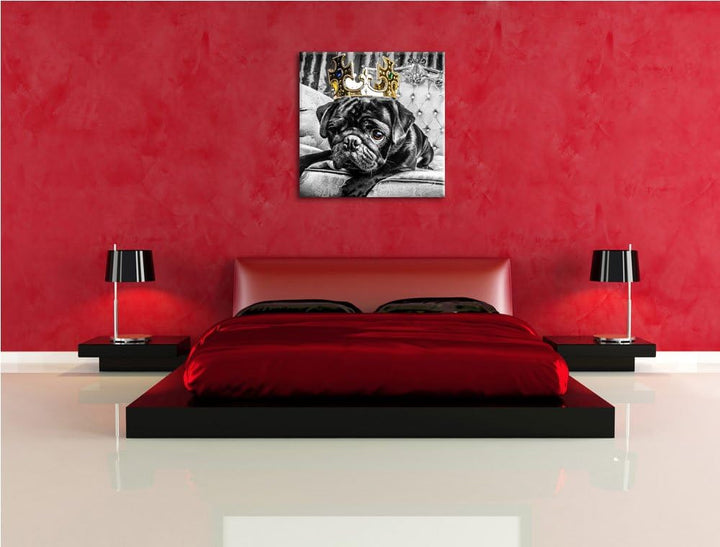 Pixxprint Mops mit Krone auf Thron als Leinwandbild/Grösse: 70x70 cm/Wandbild/Kunstdruck/fertig besp