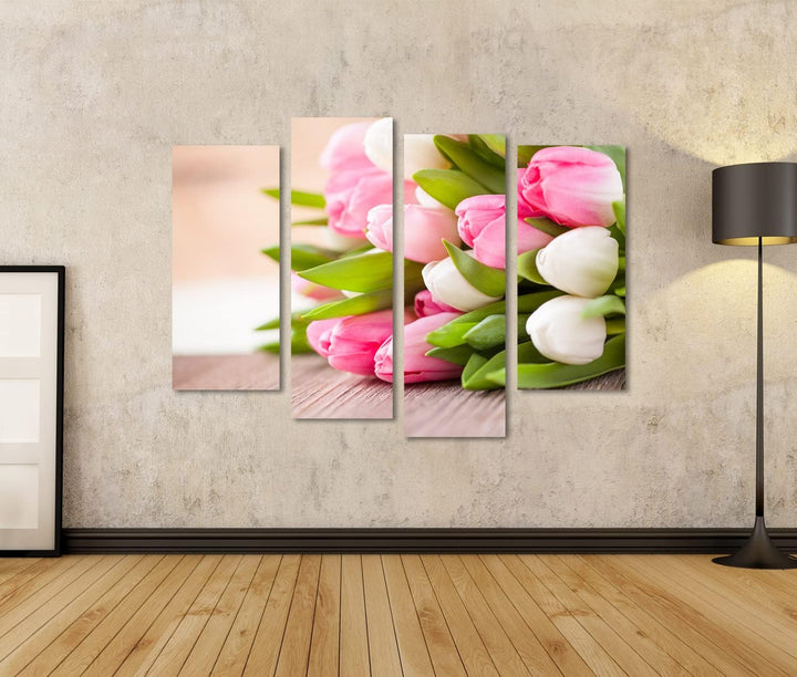 Bild auf Leinwand Strauss Tulpen Vor Frühlingsszene Wandbild Poster Kunstdruck Bilder Format: 130x80