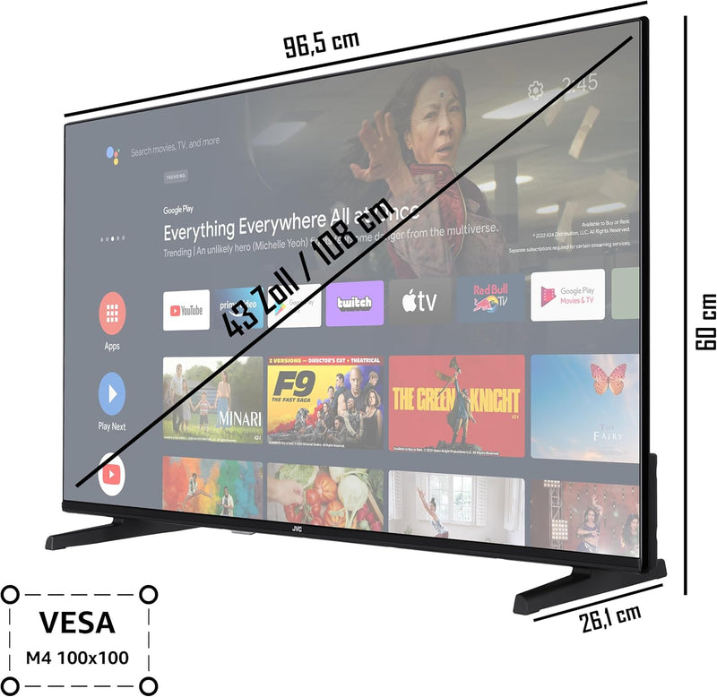 JVC LT-43VA3355 43 Zoll Fernseher/Android Smart TV (4K Ultra HD, HDR Dolby Vision, Triple-Tuner, Blu