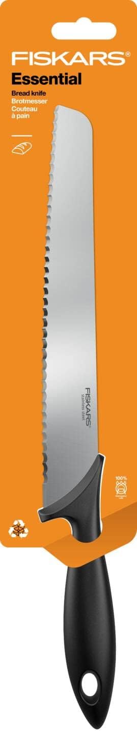 Fiskars Brotmesser mit Wellenschliff, Essential, Kunststoff/Edelstahl, Klingenlänge: 23 cm, Schwarz/