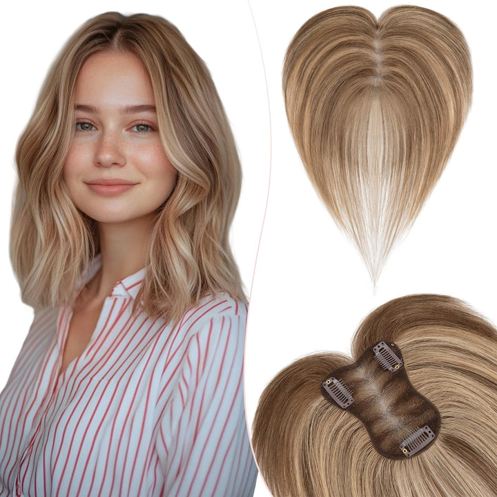 Silk-co Hair Topper Echthaar 21g, 8x11cm handgebunden Basis Toupet Damen, Clip in Haarteile mit Spit