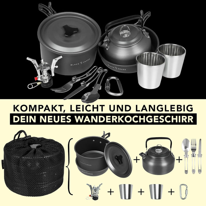 Black Snake® Camping Geschirr 'Black Forest' Kochgeschirr Kombination mit Edelstahl Becher Set und B