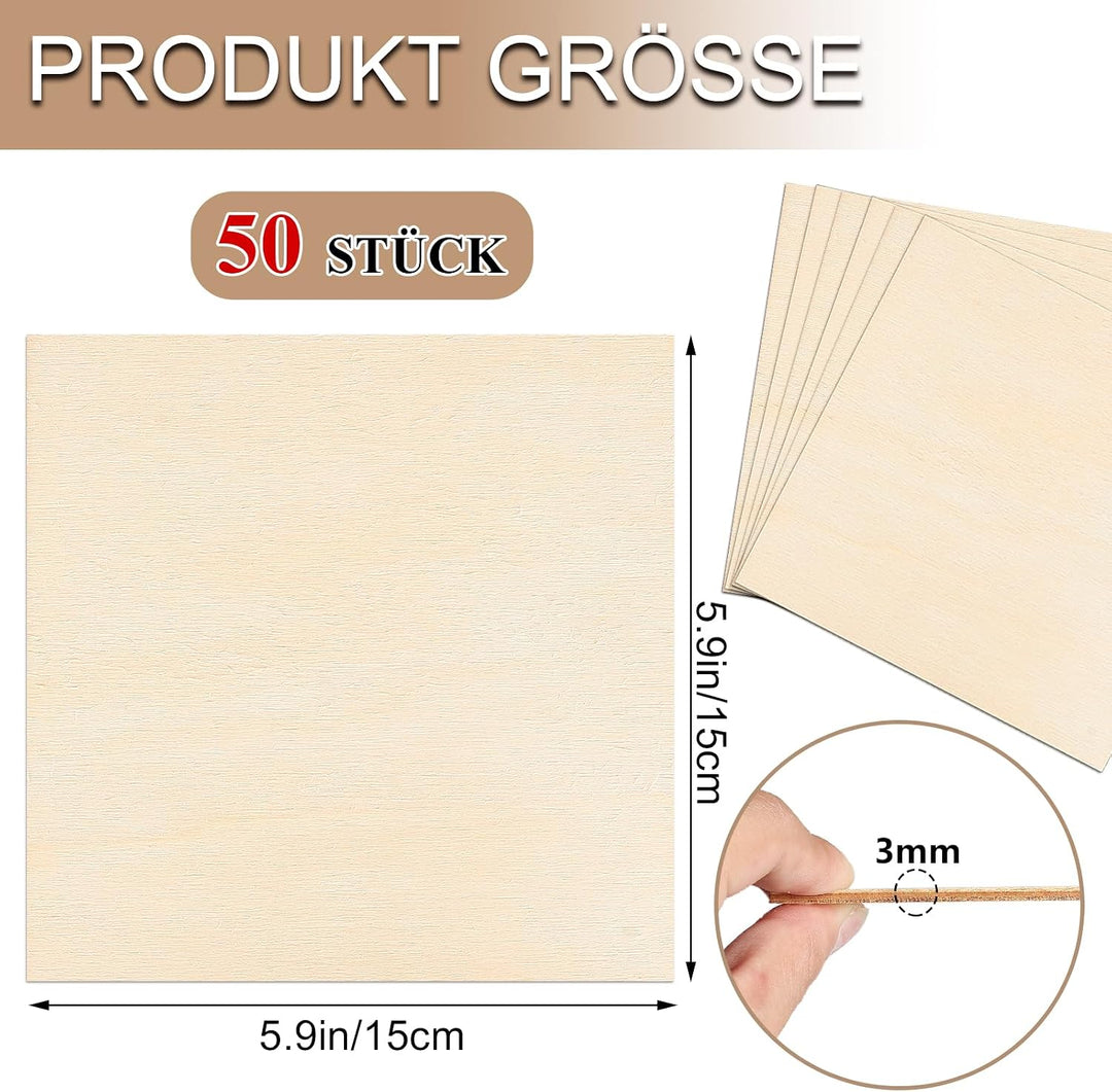 50 Stück 15 x 15 CM balsa wood panels, Holzscheiben Baumscheiben Naturholzscheiben, natürliche Holzq