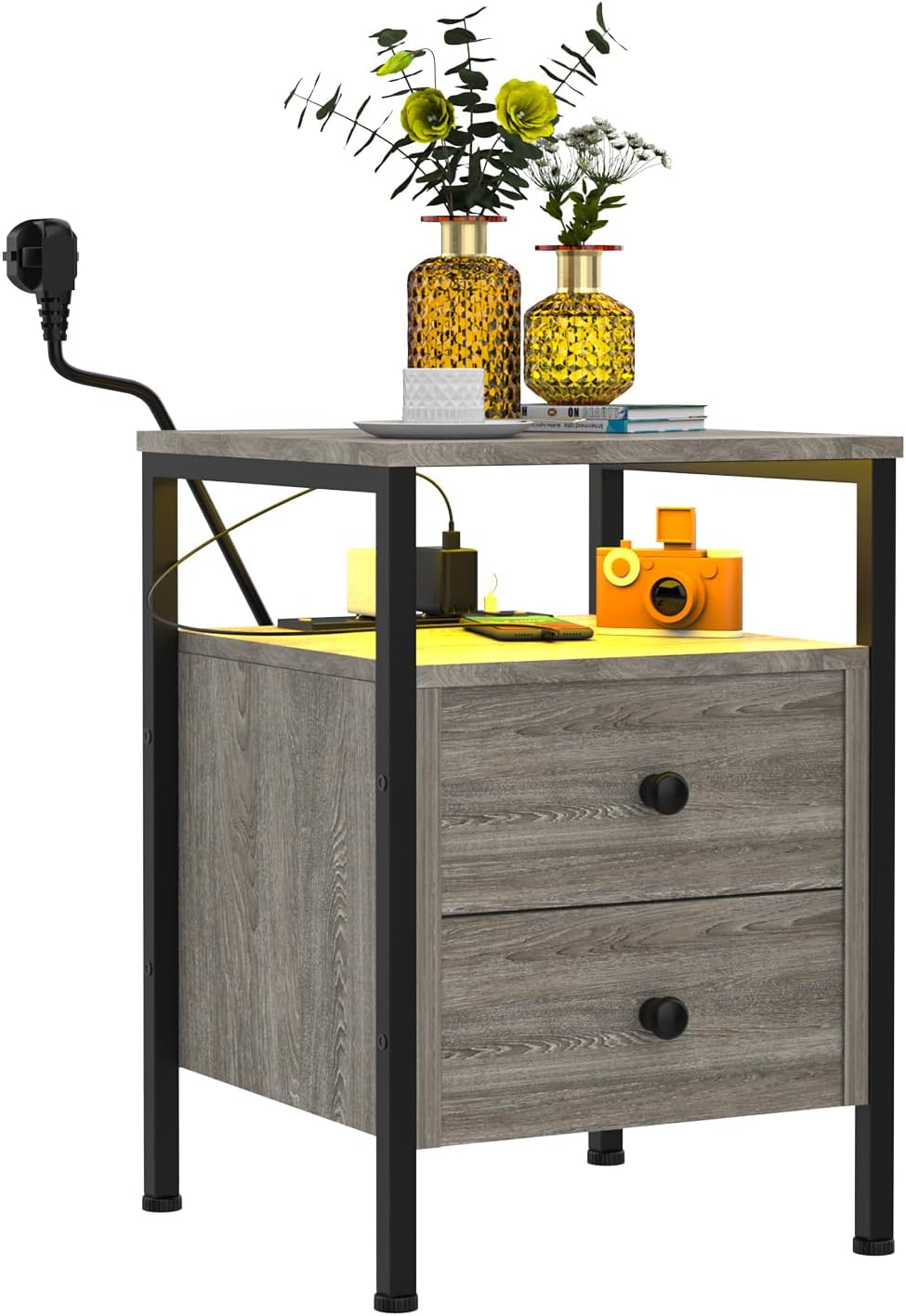 Lvhecforhm Nachttisch mit Steckdose, Beistelltisch mit USB-Anschlüssen, mit LED Licht, Beistelltisch