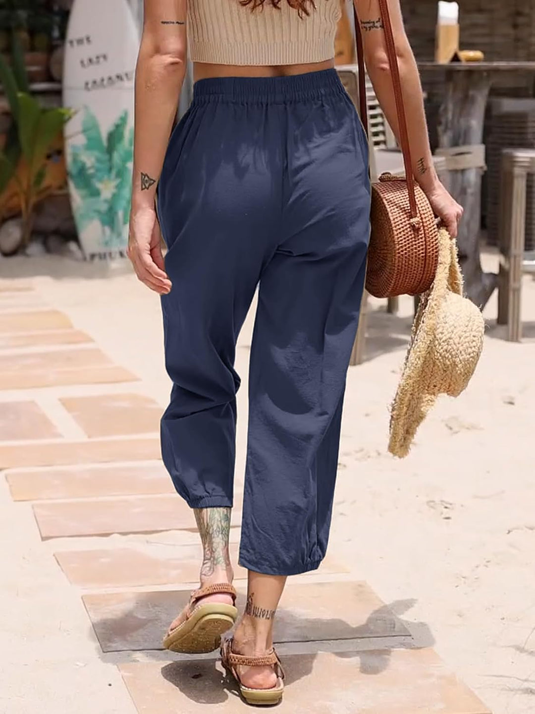 Les umes Damen Baumwolle Capri Casual Hose Elastische Taille Sommer Hose Haremhose mit Navy Blau M,