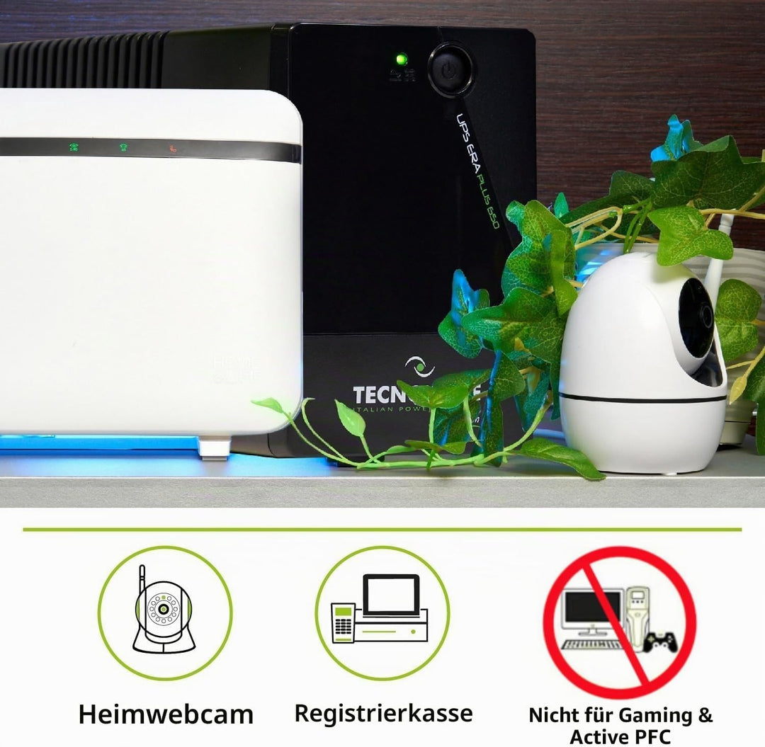 Tecnoware UPS 650VA für PC/Modem, Nicht für Gaming/Konsole, ERA Plus USV, 2 Schuko, Schutz vor Strom
