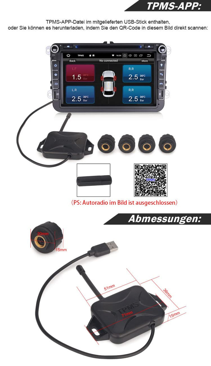 erisin Universal USB TPMS Modul Reifendruckprüfer mit 4 Externe Sensors, USB Reifendrucksensor Reife