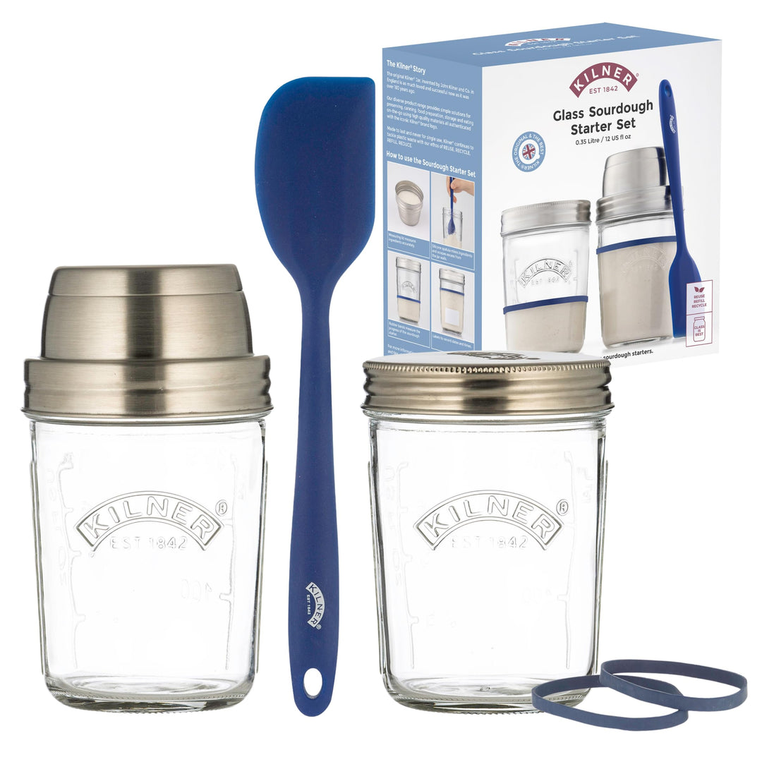Kilner Sauerteig Starter Set 5-teilig / 350 ml / Glas mit Messbecher-Deckel, Weithals-Glas, Gummirin