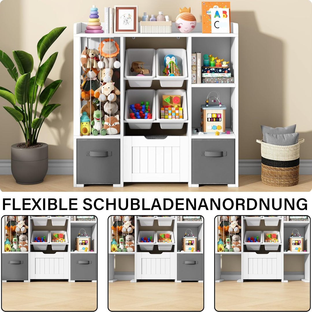 Jehiatek Kinderregal mit Stauraum-Sitzbank, Holz Spielzeugregal mit Kuscheltierfach, 2 Regalböden, 2