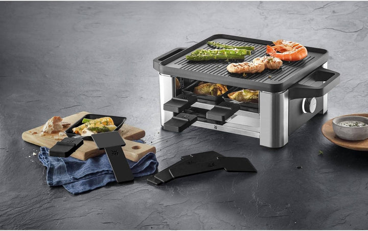 WMF Set 2-teilig Raclette Grill mit Pfännchen und Schiebern, Raclette 4 Personen, 870 W, Edelstahl u