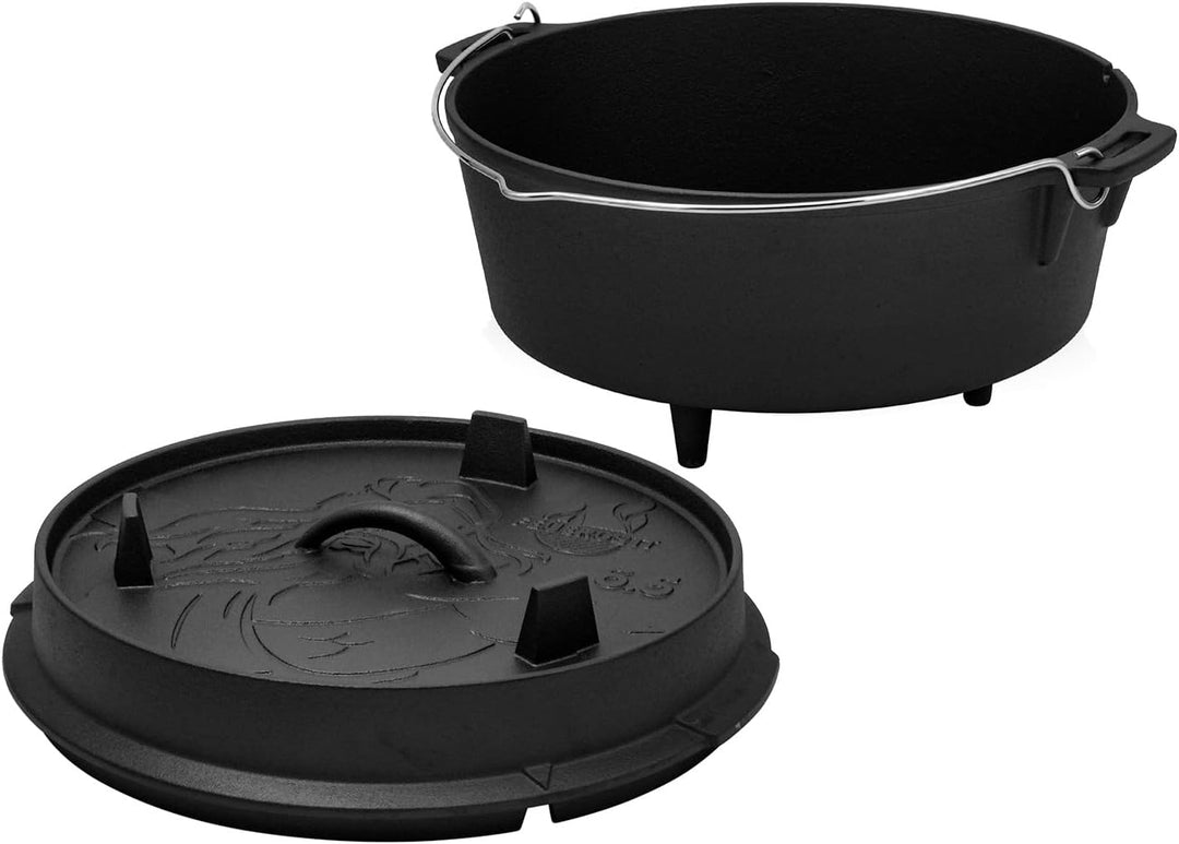 Dutch Oven Gusseisen 6,5 Liter mit Füssen – Schmortopf, Bräter mit Deckel für Grill, Lagerfeuer, BBQ