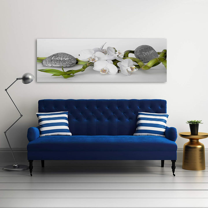 Feeby. Leinwandbild, Bilder, Wand Bild, Wandbilder, Kunstdruck 150x50 cm, Orchidee, Natur, Zen, Weis