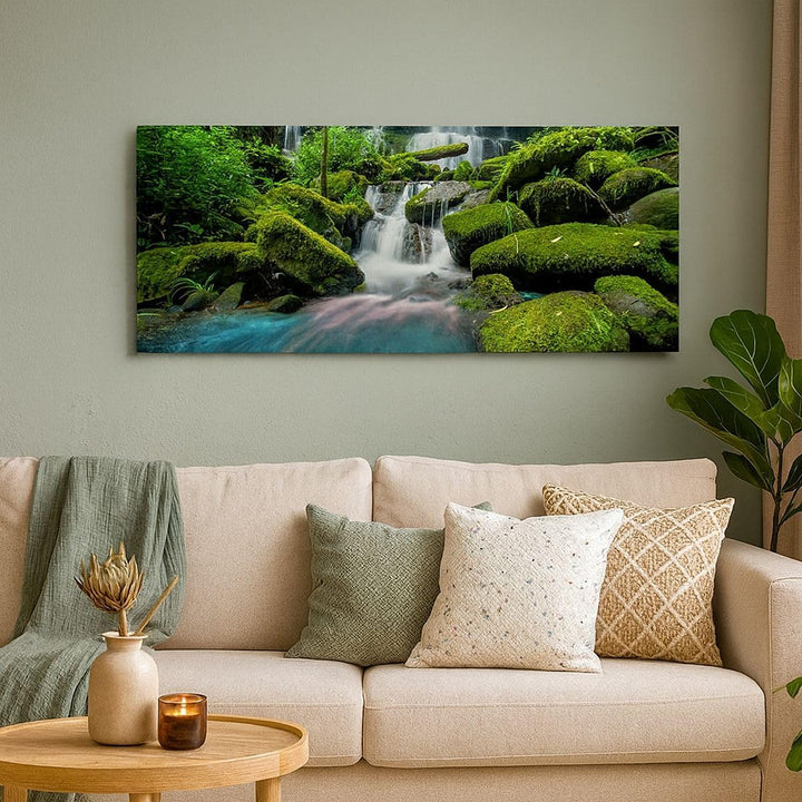 Panorama Bilder auf Leinwand 100x40cm Leinwandbild Park Wasserfall Wasser Gross Wanddeko Bild Schlaf