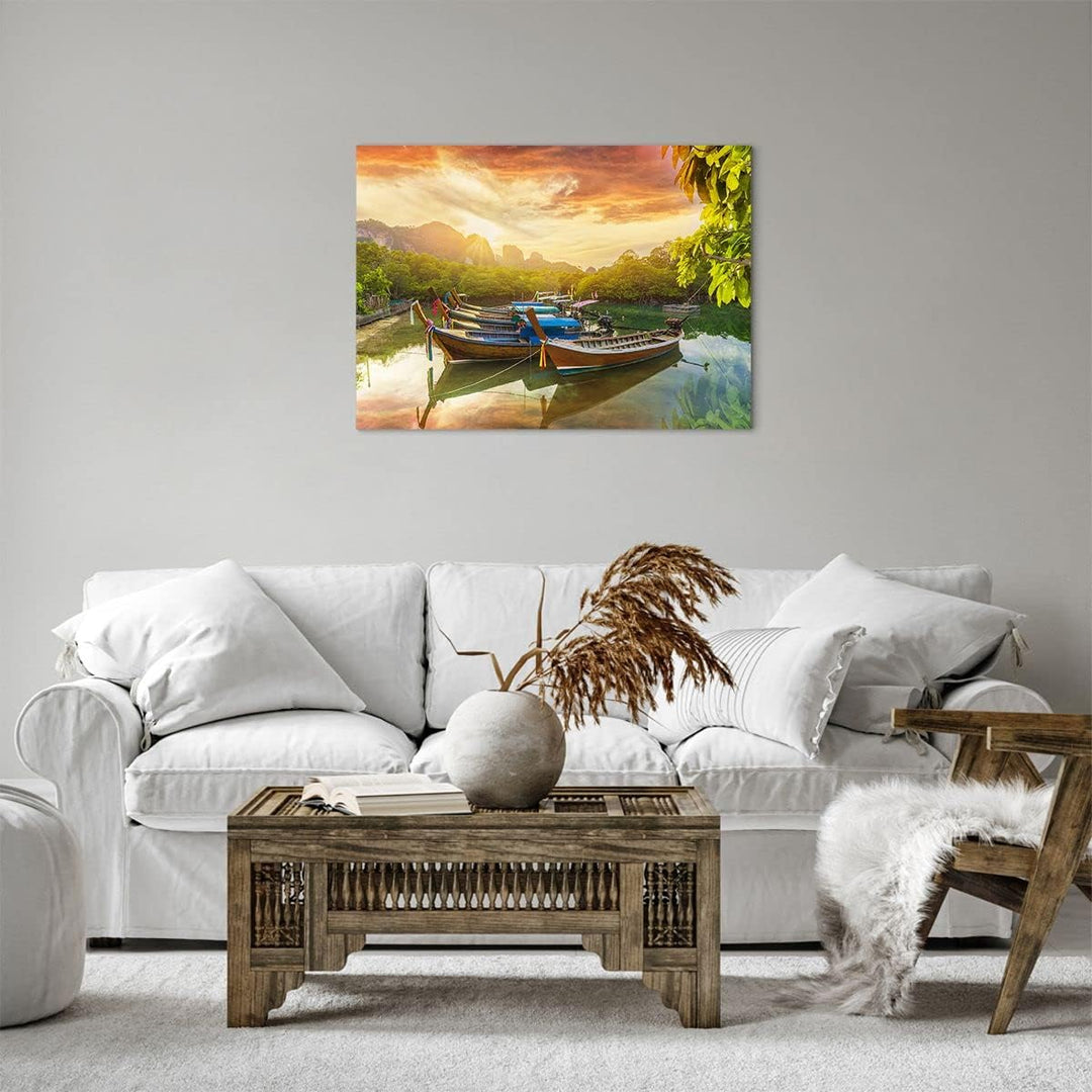 Bilder auf Leinwand Berge Boot Wasser Leinwandbild mit Rahmen 70x50cm Wandbilder Dekoration Wohnzimm
