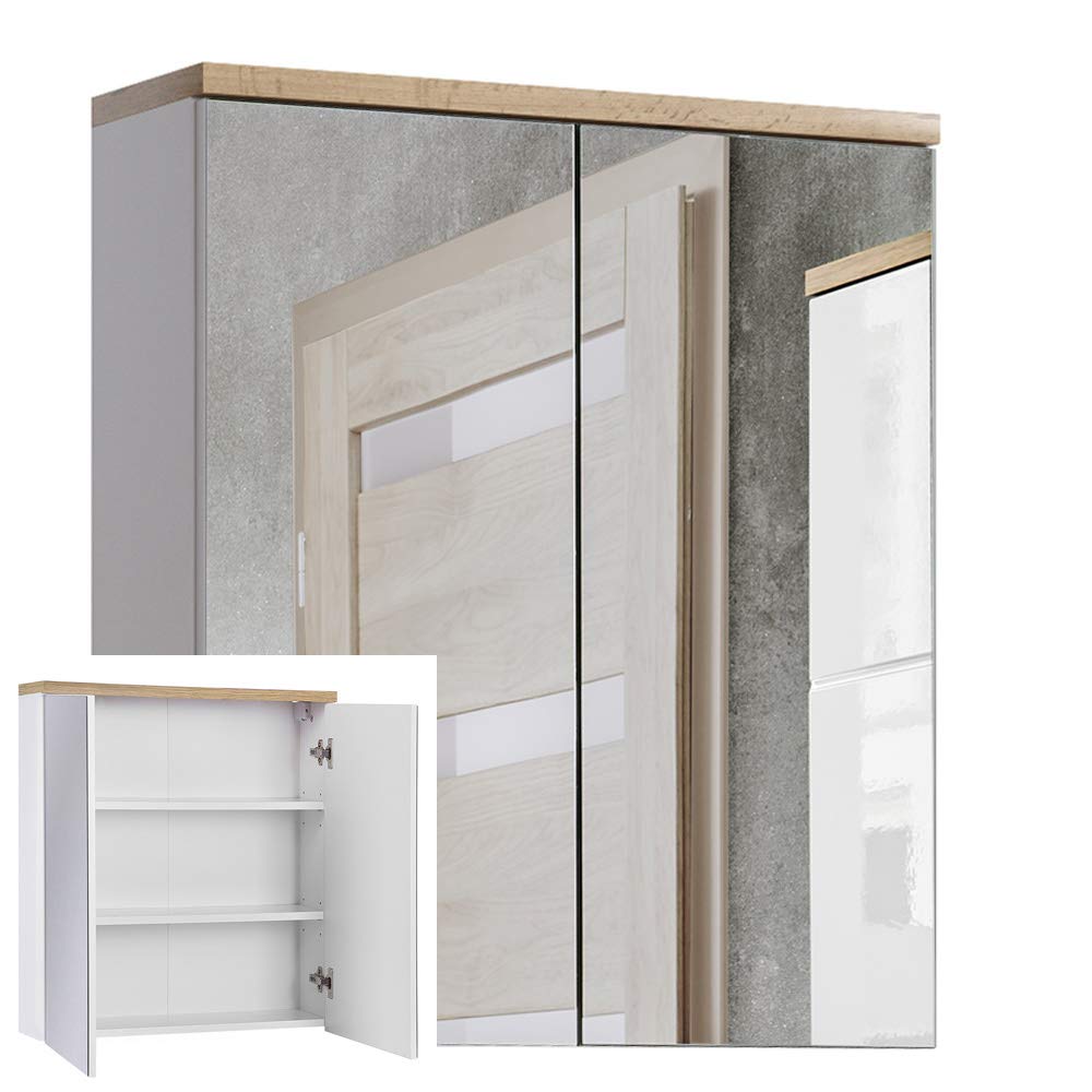 Lomadox Badezimmer Spiegelschrank 60cm weiss mit Wotaneiche, 2-türig, B/H/T: 60/70/20cm
