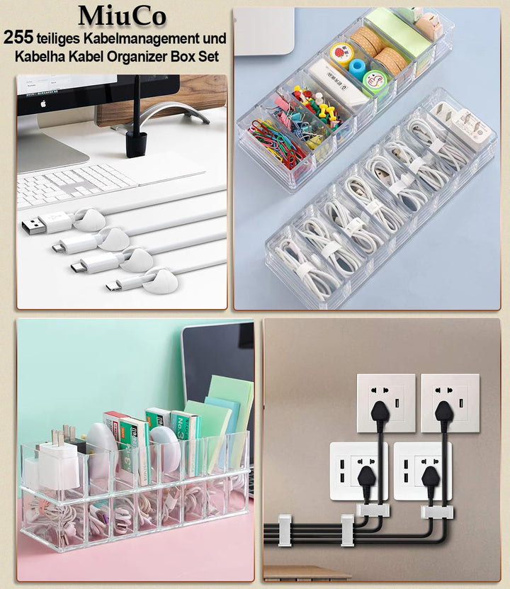 MiuCo 255Pcs Weiss Kabelmanagement Set Mit Kabelbox, Kabelhalter Selbstklebend, Rollenkabelbinder, S