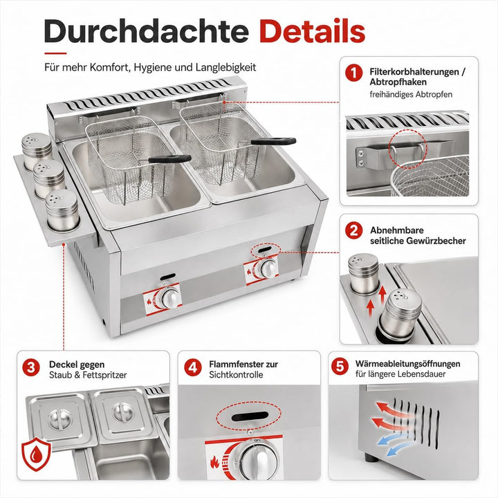 Gas Fritteuse, Doppeltank 2x6L, 50-380°C, Edelstahl, Gastronomie | 430 Edelstahl,genietet,LPG,Deckel