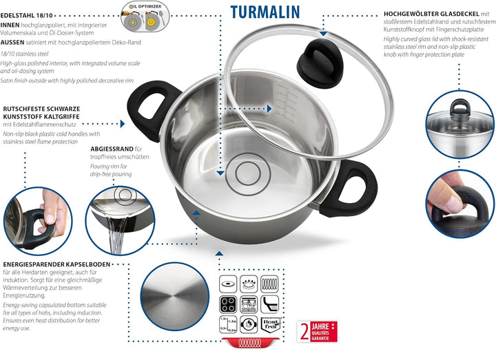 ELO 12221 Fleischtopf m.GD 20 cm Serie Turmalin, Induktion, Edelstahl satiniert, rutschfeste Kunstst