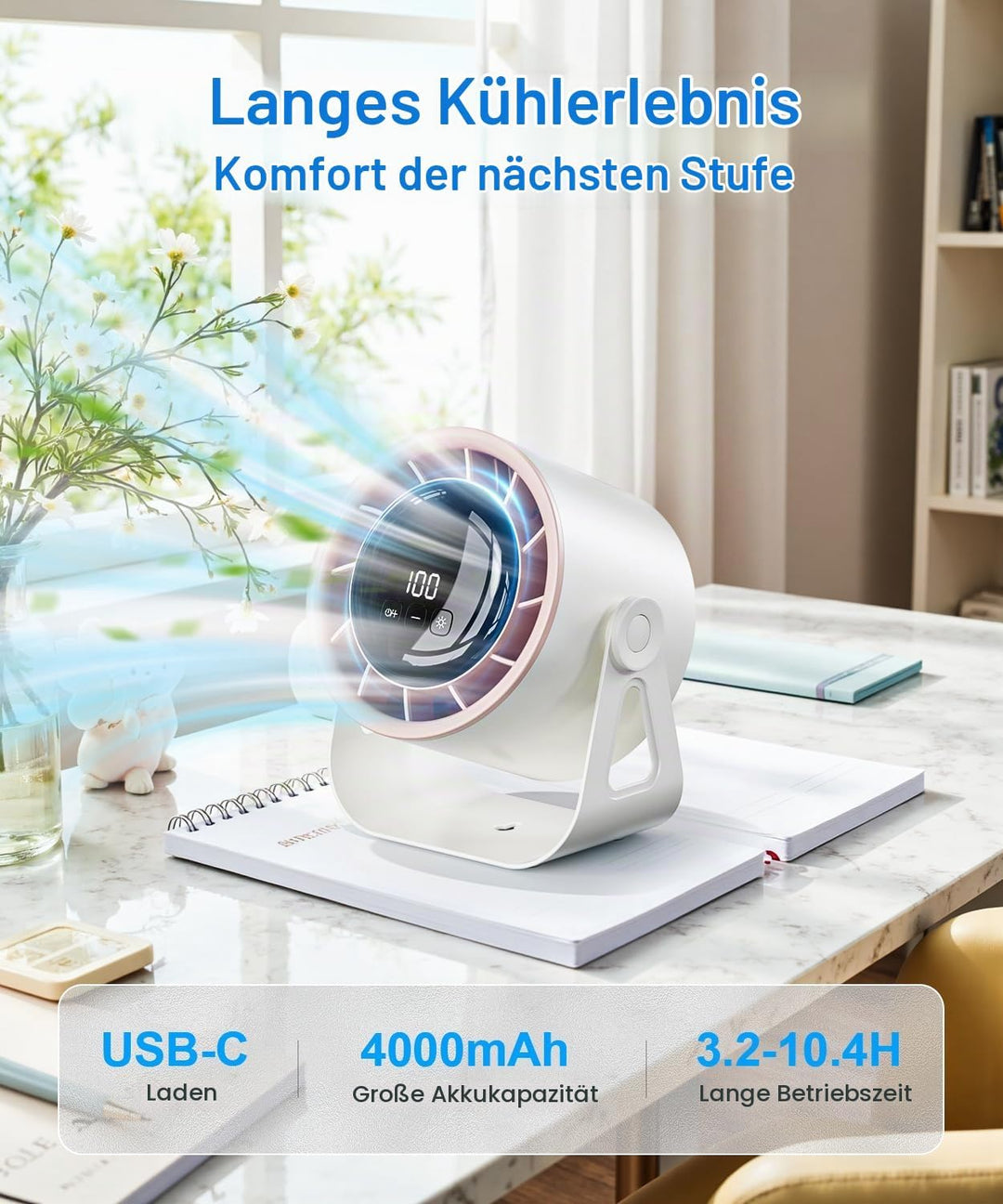 Macchiatto Tischventilator USB mit Akku, Leiser Mini Ventilator, 4 Geschwindigkeiten, 360° Verstellb