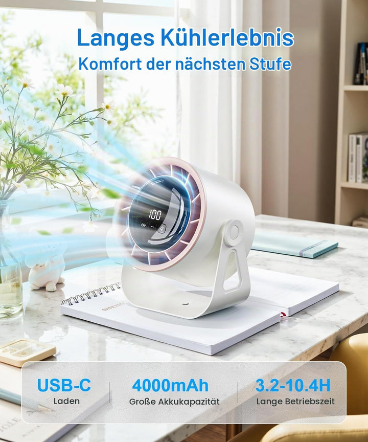 Macchiatto Tischventilator USB mit Akku, Leiser Mini Ventilator, 4 Geschwindigkeiten, 360° Verstellb