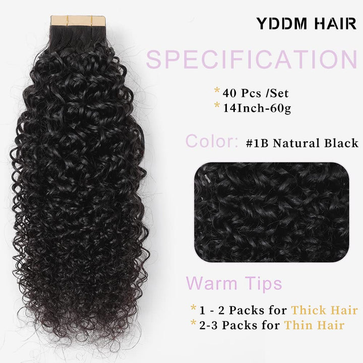 YDDM 14 Zoll Tape Extensions Echthaar 40 StüCk 60g Schwarz Kinky Curly Tape In HaarverläNgerung Echt