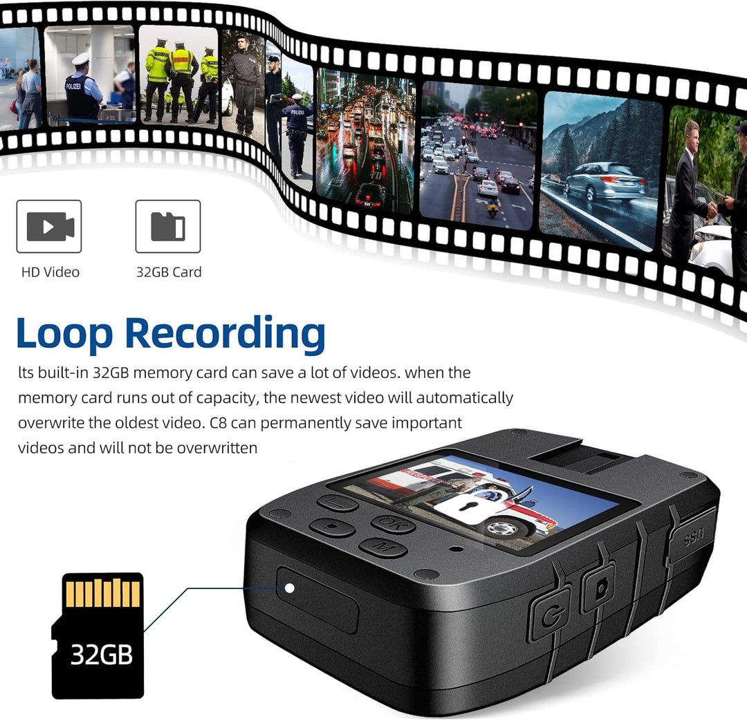 CAMMHD C8-32GB 1296P Body Cam 4000mAh Akku 16 Stunden Tragbare Audio und Video Bodycam 170° Weitwink