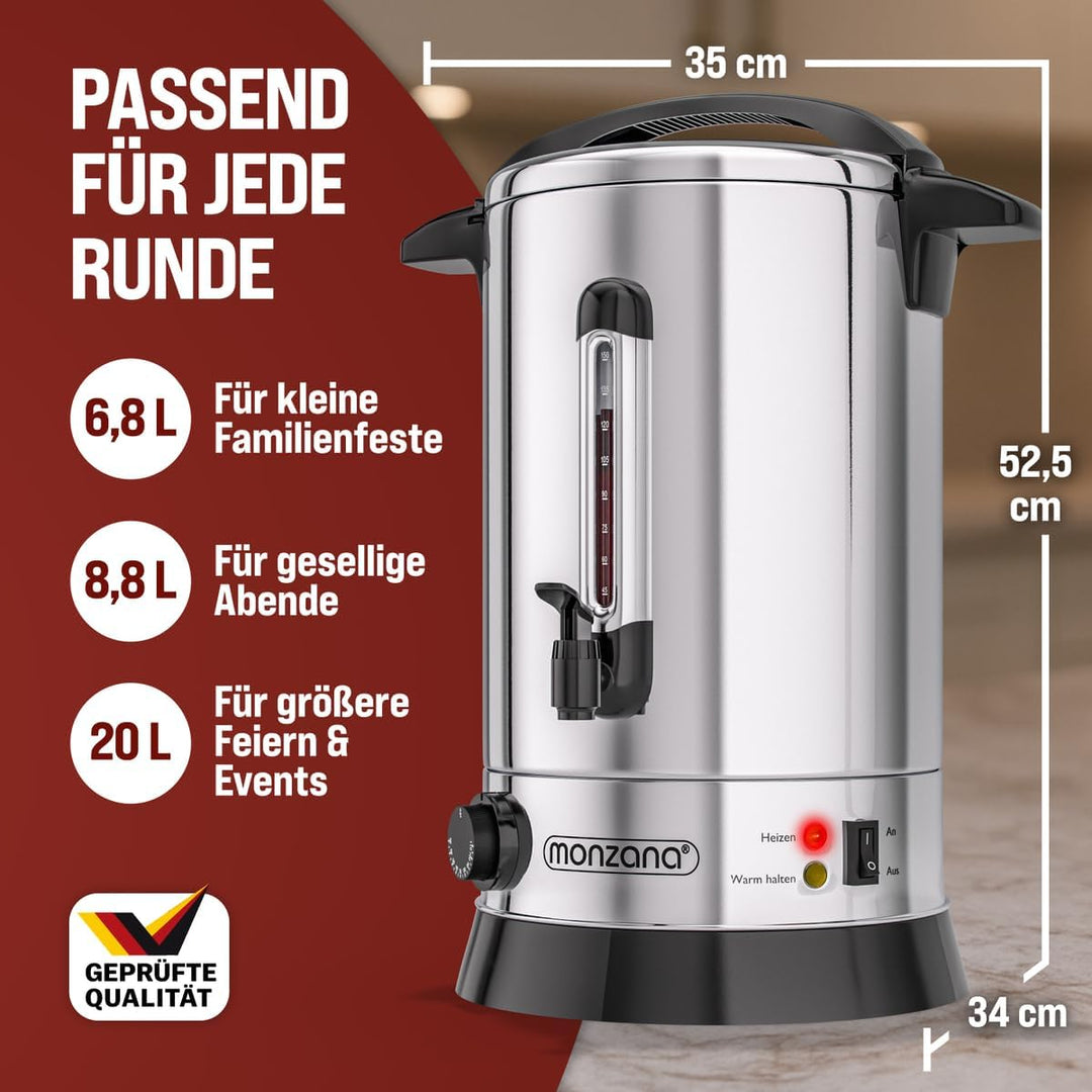 Monzana Glühweinkocher 20L Edelstahl 90 Tassen Zapfhahn Temperatureinstellung 30-110°C Heissgetränke