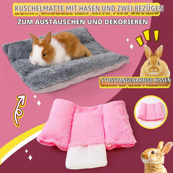 ONEJU Snuggle Bunny Bed, 43.5cm x 38cm Kaninchenbett mit Kissen, wendbare Kleintiermatte mit Zwei au