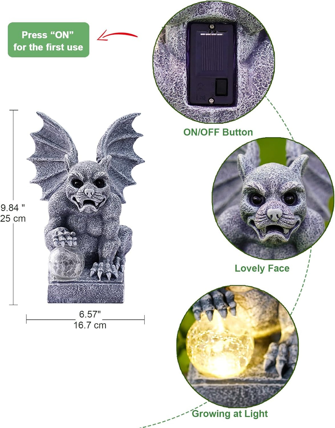 Solar Gargoyle Figuren Gartendeko mit LED-Licht - Steinfiguren mit Solarlampe Glasball Garten Wetter