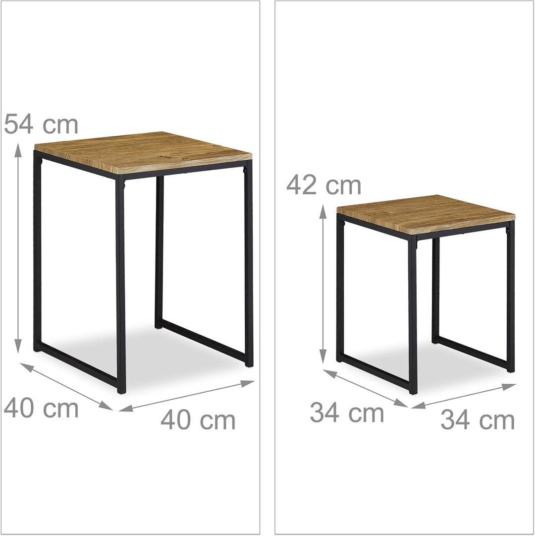 Relaxdays, stapelbar, Satztisch 2 Grössen, quadratisch, Metall, Holzoptik/schwarz, Eisen, Beistellti