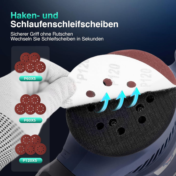 Exzenterschleifer 125mm mit Bremse, 450W Schleifmaschine für Holz mit 15 Schleifpapier & Staubabsaug