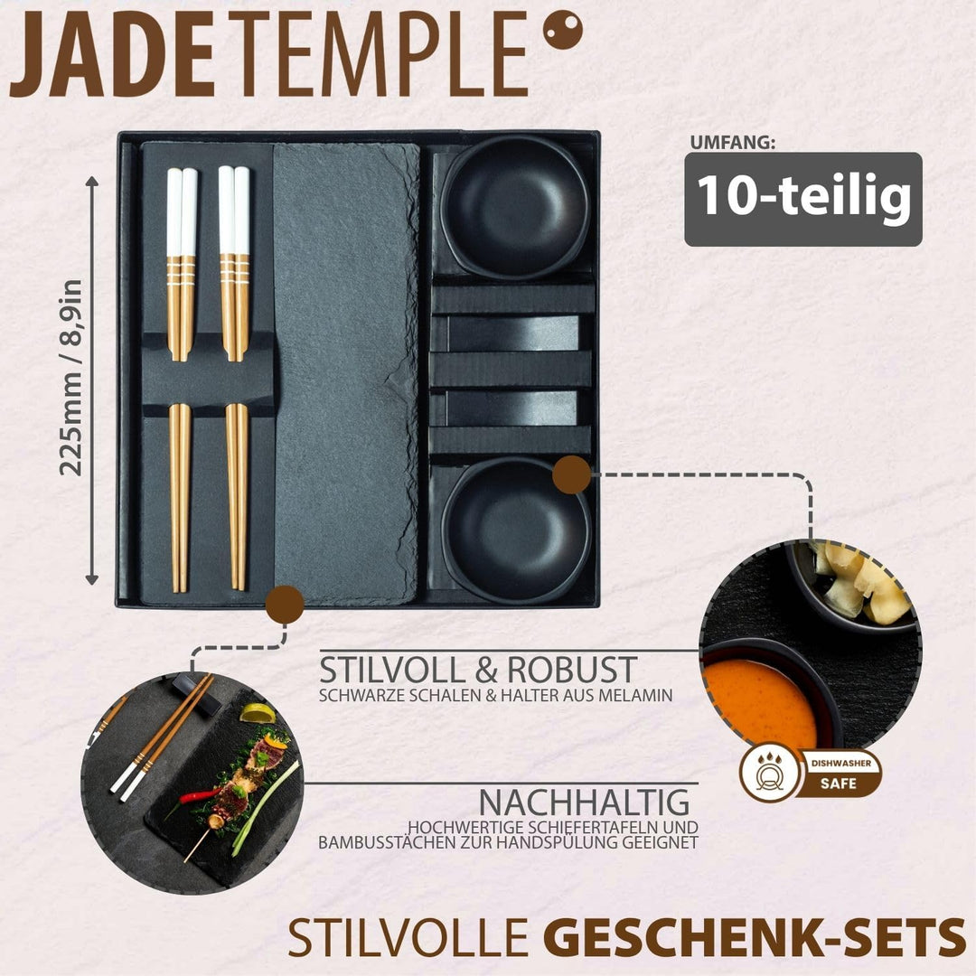 JADE TEMPLE Sushi Set für Zwei Personen - Holz, Schwarz, Schieferbrett, Schale, Bank, Essstäbchen