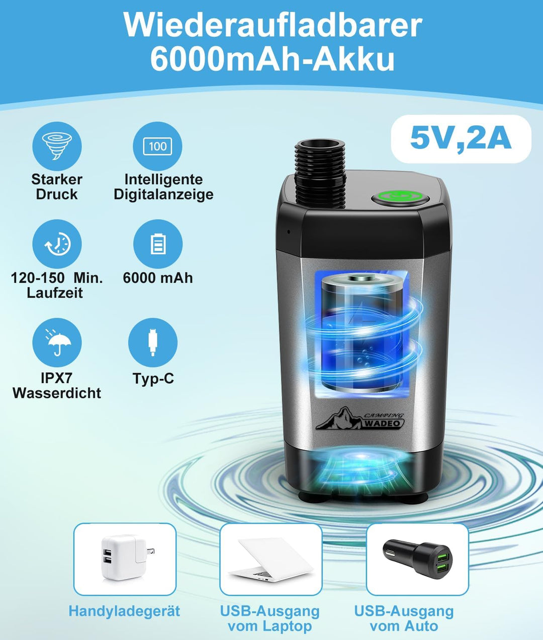 WADEO Tragbare Campingdusche Akku mit Pumpe, Camping Dusche mit wiederaufladbarem Akku [6000-8000mAh