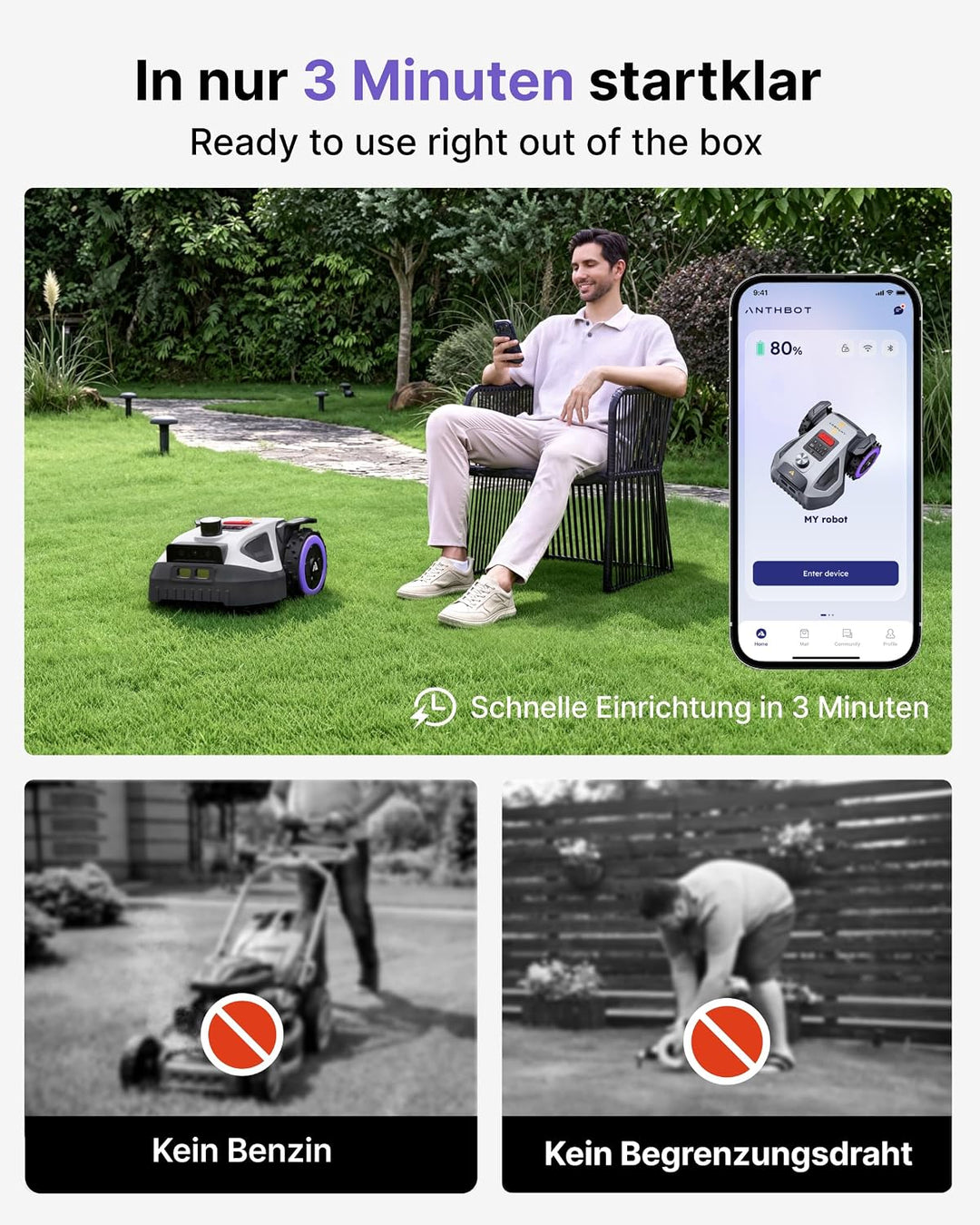ANTHBOT M5 Pro Mähroboter ohne Begrenzungskabel – HoloSense 4-in-1 Navigation (360° LiDAR, RTK/NetRT